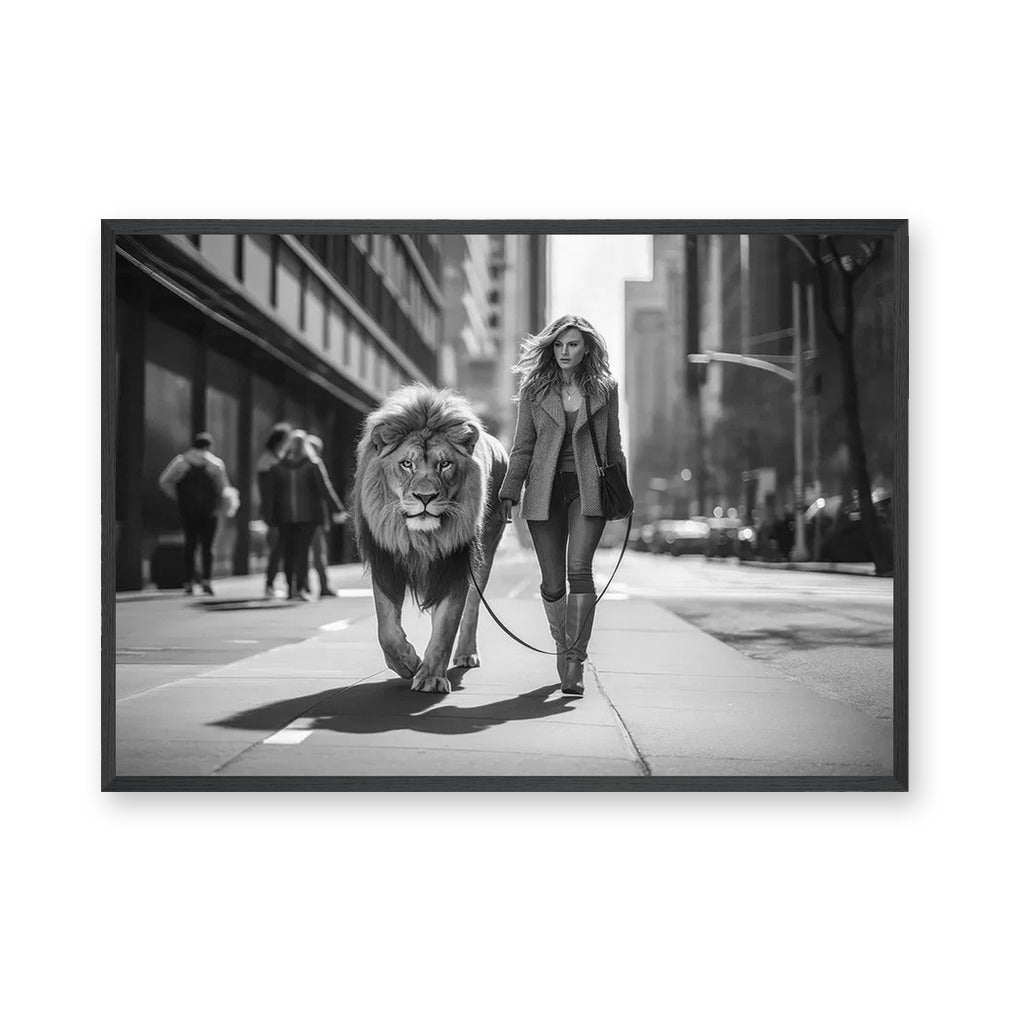 Woman Walking Lion Surreal Wall Art – Black and White City Street Scene