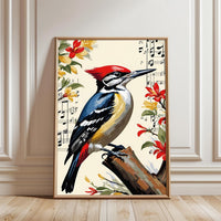 Woodpecker Floral Music Home Art Print – Aesthetic Bird Illustration Print