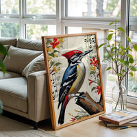 Woodpecker Floral Music Home Art Print – Aesthetic Bird Illustration Print