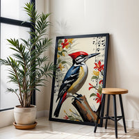 Woodpecker Floral Music Home Art Print – Aesthetic Bird Illustration Print
