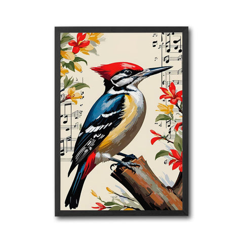 Woodpecker Floral Music Home Art Print – Aesthetic Bird Illustration Print