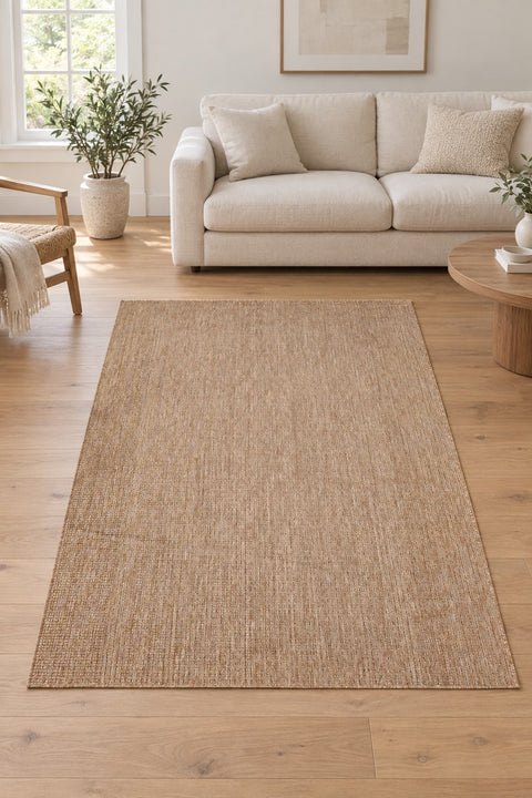 Woven Boho Area Rug – Brown in a living room