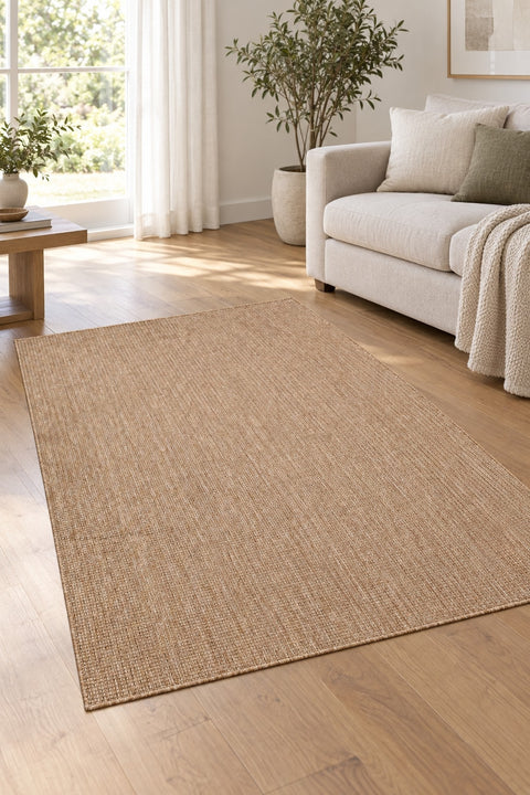 Woven Boho Area Rug – Brown in a living room