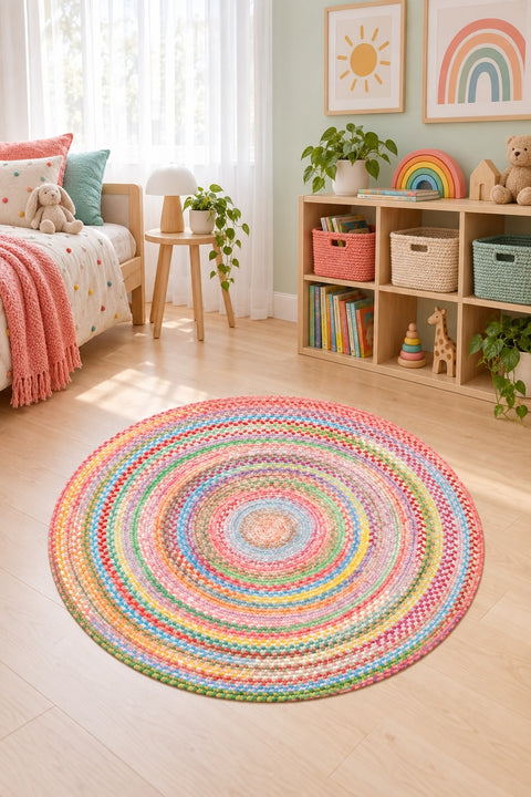 Woven-Look Modern Round Rug – Multicolor 3 in a nursery