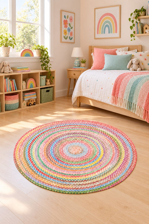 Woven-Look Modern Round Rug – Multicolor 3 in a bedroom