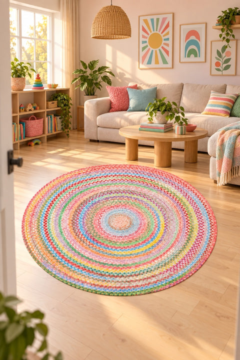 Woven-Look Modern Round Rug – Multicolor 3 in a living room