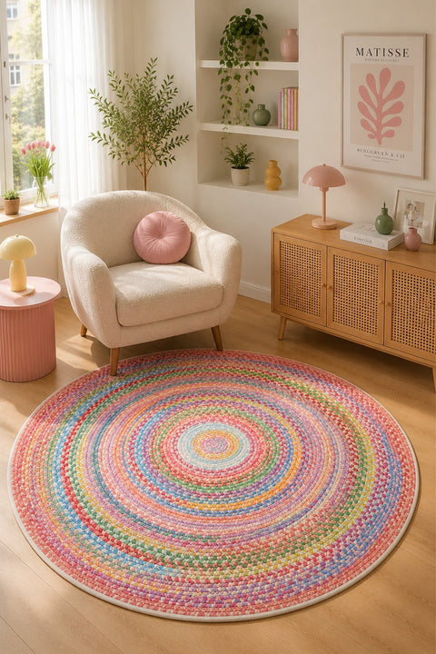 Woven-Look Modern Round Rug – Multicolor 3 in a living room