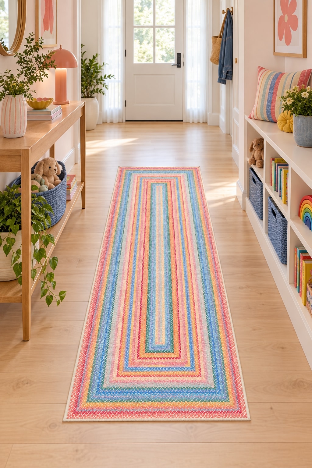 Woven-Look Modern Runner Rug – Multicolor in a hallway
