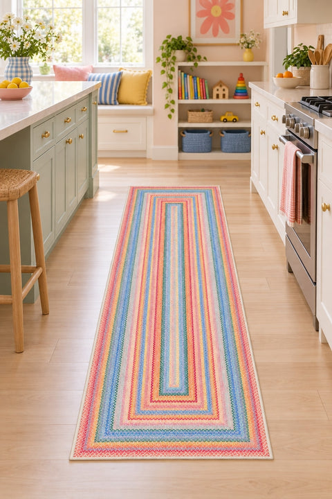 Woven-Look Modern Runner Rug – Multicolor in a kitchen