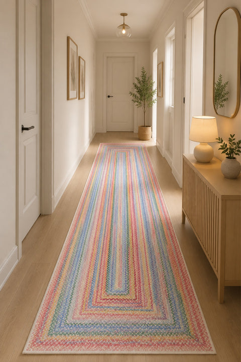 Woven-Look Modern Runner Rug – Multicolor in a hallway