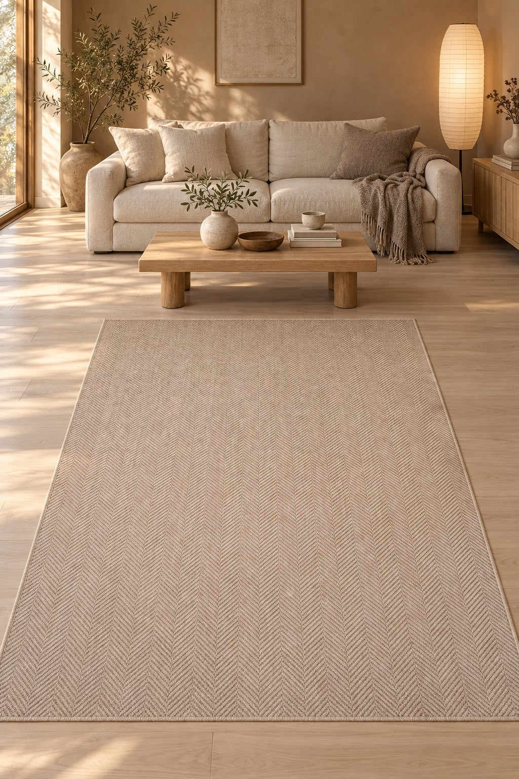 Woven Stripe Scandinavian Kitchen Rug – Beige in a living room
