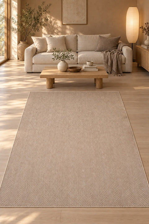 Woven Stripe Scandinavian Kitchen Rug – Beige in a living room