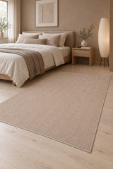 Woven Stripe Scandinavian Kitchen Rug – Beige in a bedroom