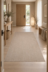 Woven Stripe Scandinavian Kitchen Rug – Beige in a hallway