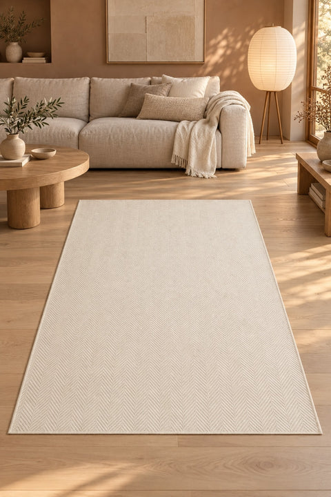 Woven Stripe Scandinavian Kitchen Rug – Cream in a living room