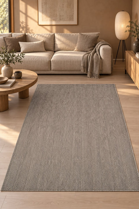 Woven Stripe Scandinavian Kitchen Rug – Gray in a living room