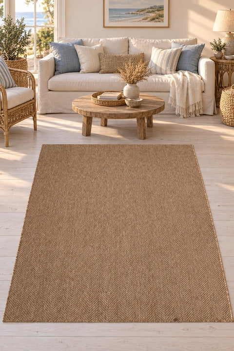 Woven Stripe Scandinavian Kitchen Rug – Light Brown in a living room
