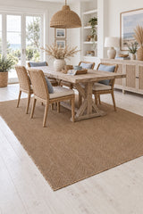 Woven Stripe Scandinavian Kitchen Rug – Light Brown in a dining room