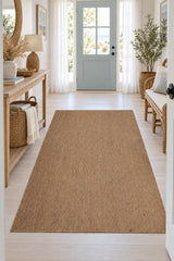 Woven Stripe Scandinavian Kitchen Rug – Light Brown in a hallway