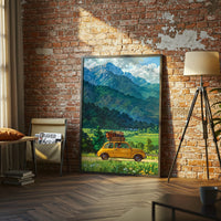 Yellow Car in Mountain Landscape Aesthetic Print Wall Print