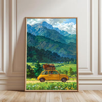 Yellow Car in Mountain Landscape Aesthetic Print Wall Print