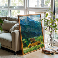 Yellow Car in Mountain Landscape Aesthetic Print Wall Print
