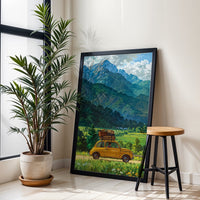 Yellow Car in Mountain Landscape Aesthetic Print Wall Print