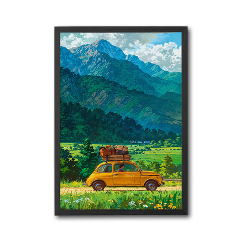 Yellow Car in Mountain Landscape Aesthetic Print Wall Print