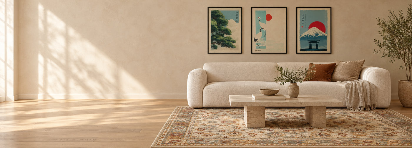 Living room with a floral area rug and three framed art prints above the sofa