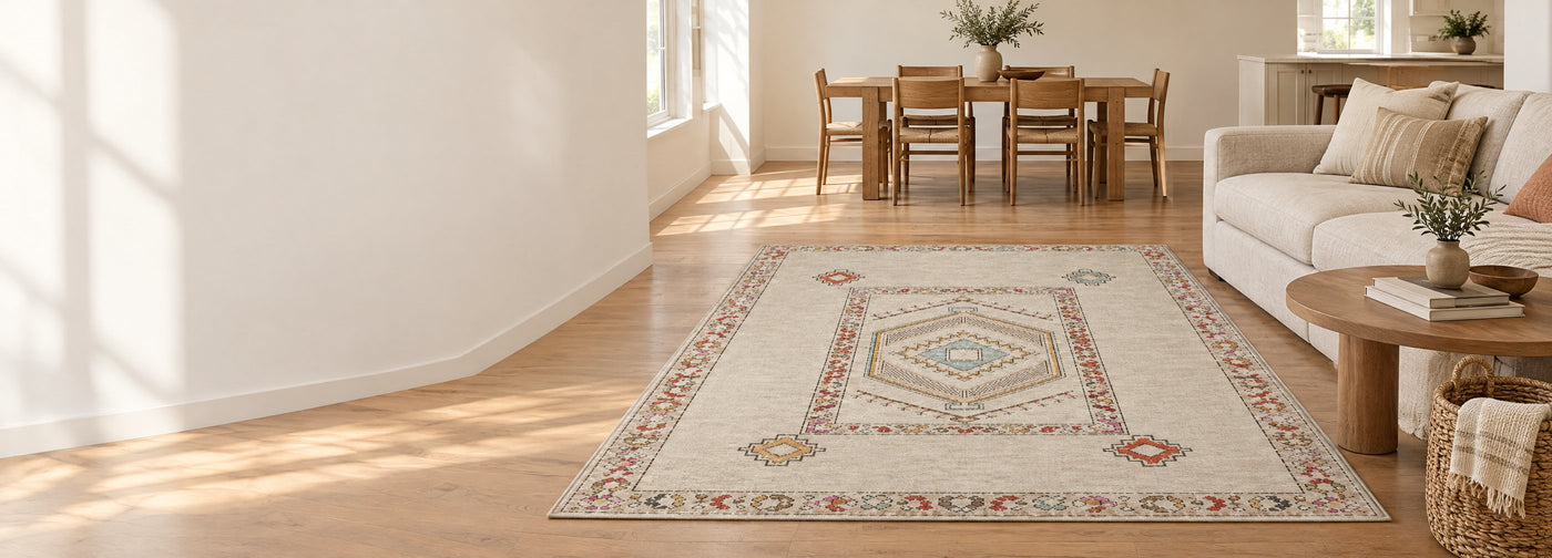 Family living room with a cream patterned washable rug
