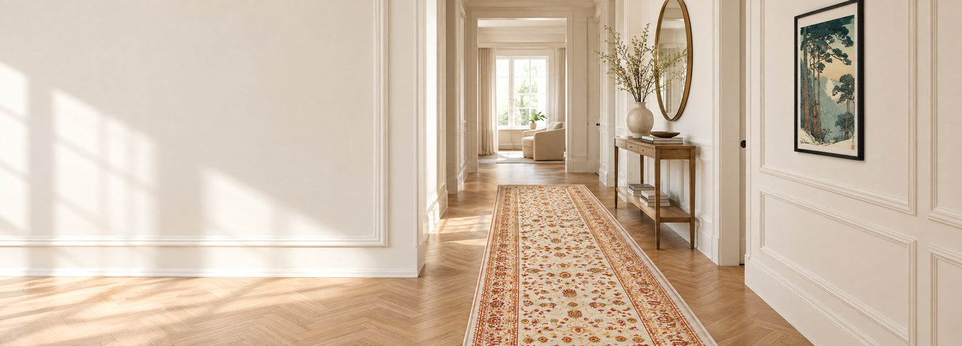 Hallway with a cream floral runner rug