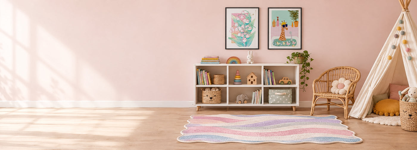 Children's room with a pastel wavy rug and two framed nursery prints