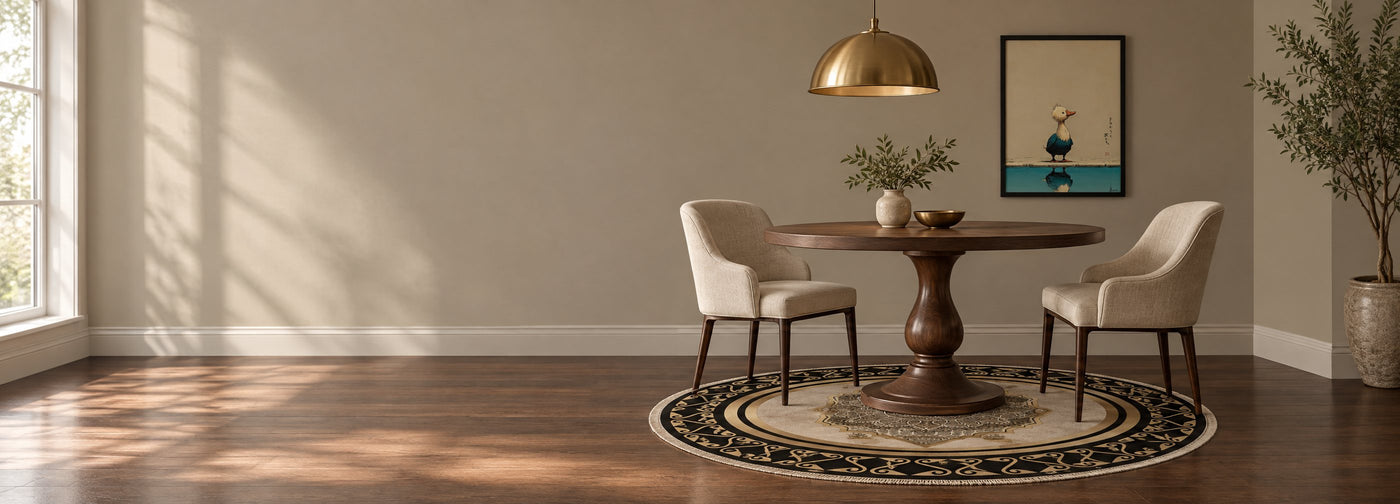 Dining nook with a round medallion rug under a pedestal table